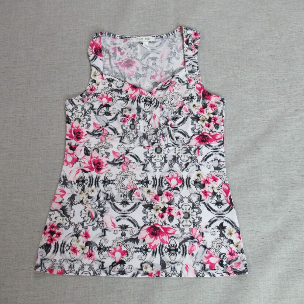 White House Black Market Top Womens Small White Floral Sleeveless Stretch Career